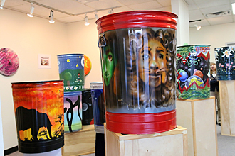 Photo of decorated trash cans in the Foyer Gallery