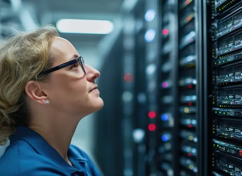 person in front of mainframe