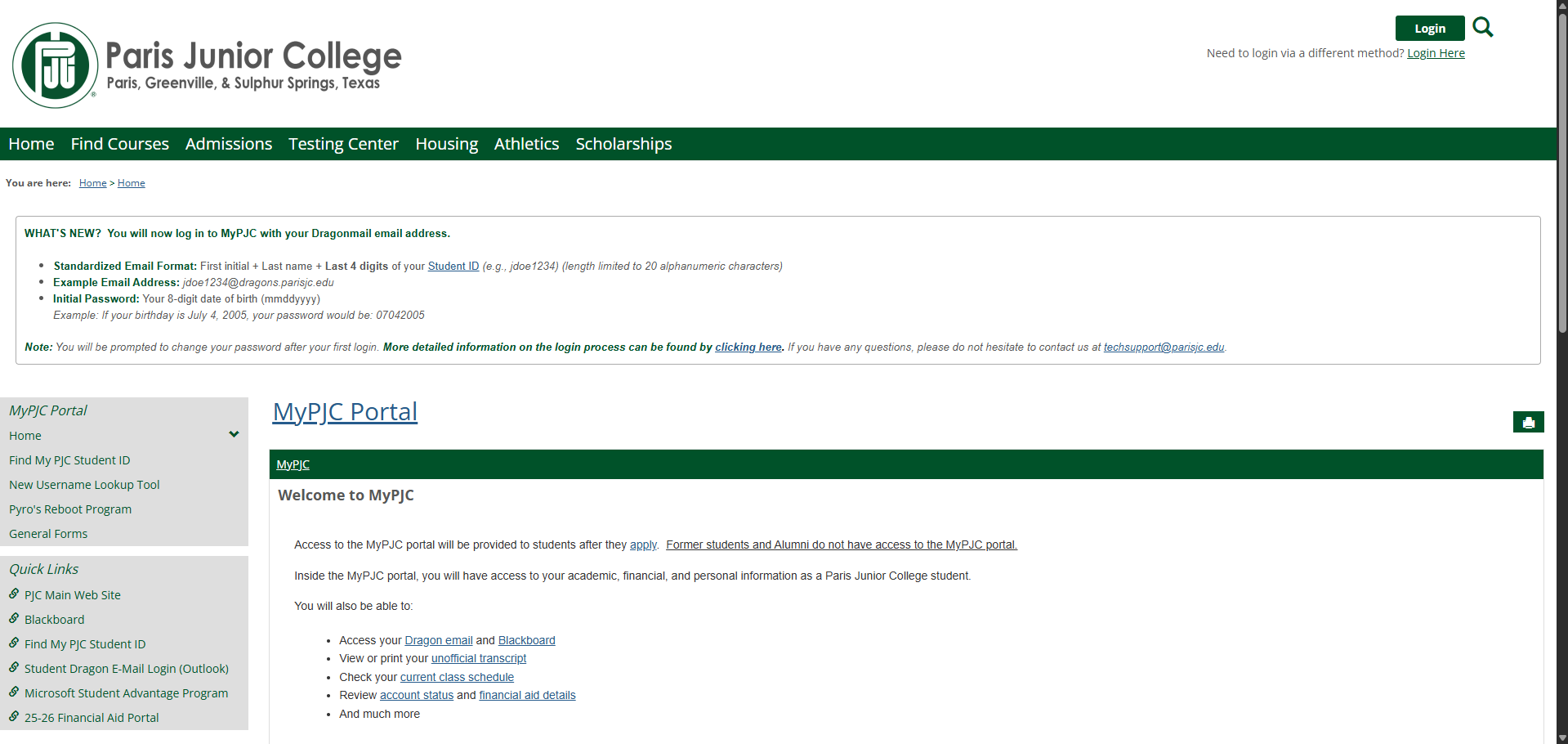 MyPJC Portal login page